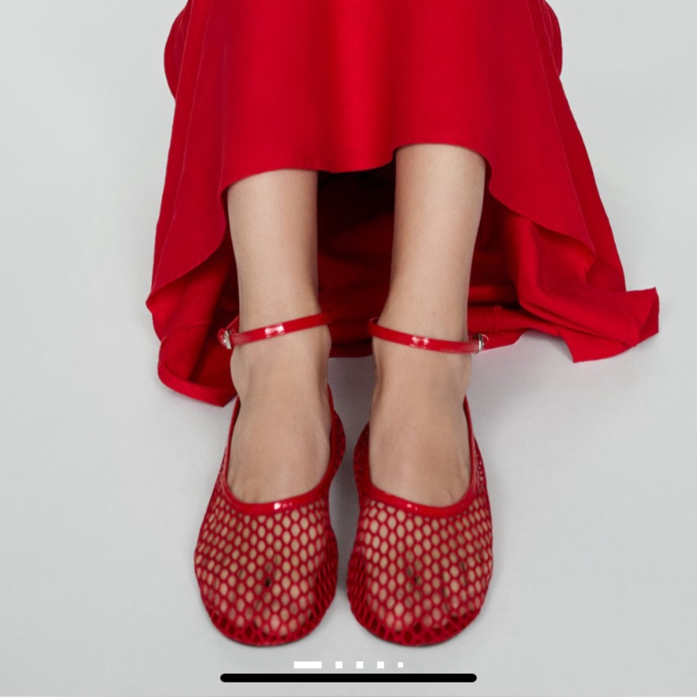 Mango Red Mesh Ballet Flats with Strap and Buckle